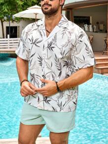 Manfinity VDAYZ 加大码男士热带植物印花度假衬衫和短裤沙滩套装，夏威夷风情，男士巴哈马装，男士度假装，男士度假装，男士沙滩装套装 - 薄荷綠 - 查看 3