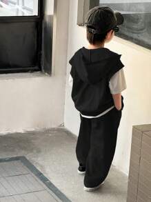 3pcs/Set Kids Boy Casual Comfy Short Sleeve Tee, Hoodie Sweatshirt, Tank Top And Straight Pants Knit 3-Piece Outfit Set, Suitable For Outings, Parties, School, Playing - Spring/Summer - Black - View 2