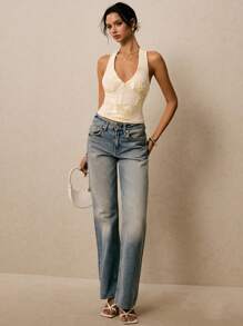 Poéselle Women Floral Jacquard Deep V Sexy Fitted Halter Top