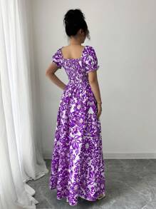 Elenzga 新款女士数码印花泡泡袖前系带、后开衩腰部收紧优雅长裙，迷人迷人，适合度假、约会之夜 - 紫色 - 查看 2