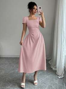 Elenzga Women's Elegant French Style Casual Commuting Vacation Afternoon Tea Solid Color Square Collar Waist Slimming Chic Puff Sleeve Mid-Calf Length Dress, Spring & Summer