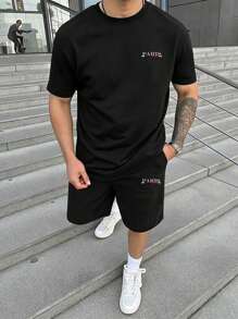 Manfinity Homme 2pcs/Set Men's Letter Print Short Sleeve T-Shirt & Pocket Shorts Set Men 2 Pieces Outfits Short Set Men 2 Pieces Short Sets - Black - View 1