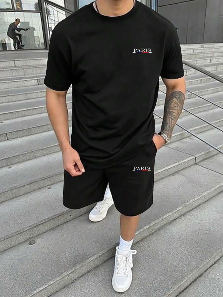 Manfinity Homme 2pcs/Set Men's Letter Print Short Sleeve T-Shirt & Pocket Shorts Set Men 2 Pieces Outfits Short Set Men 2 Pieces Short Sets - Black - View 1