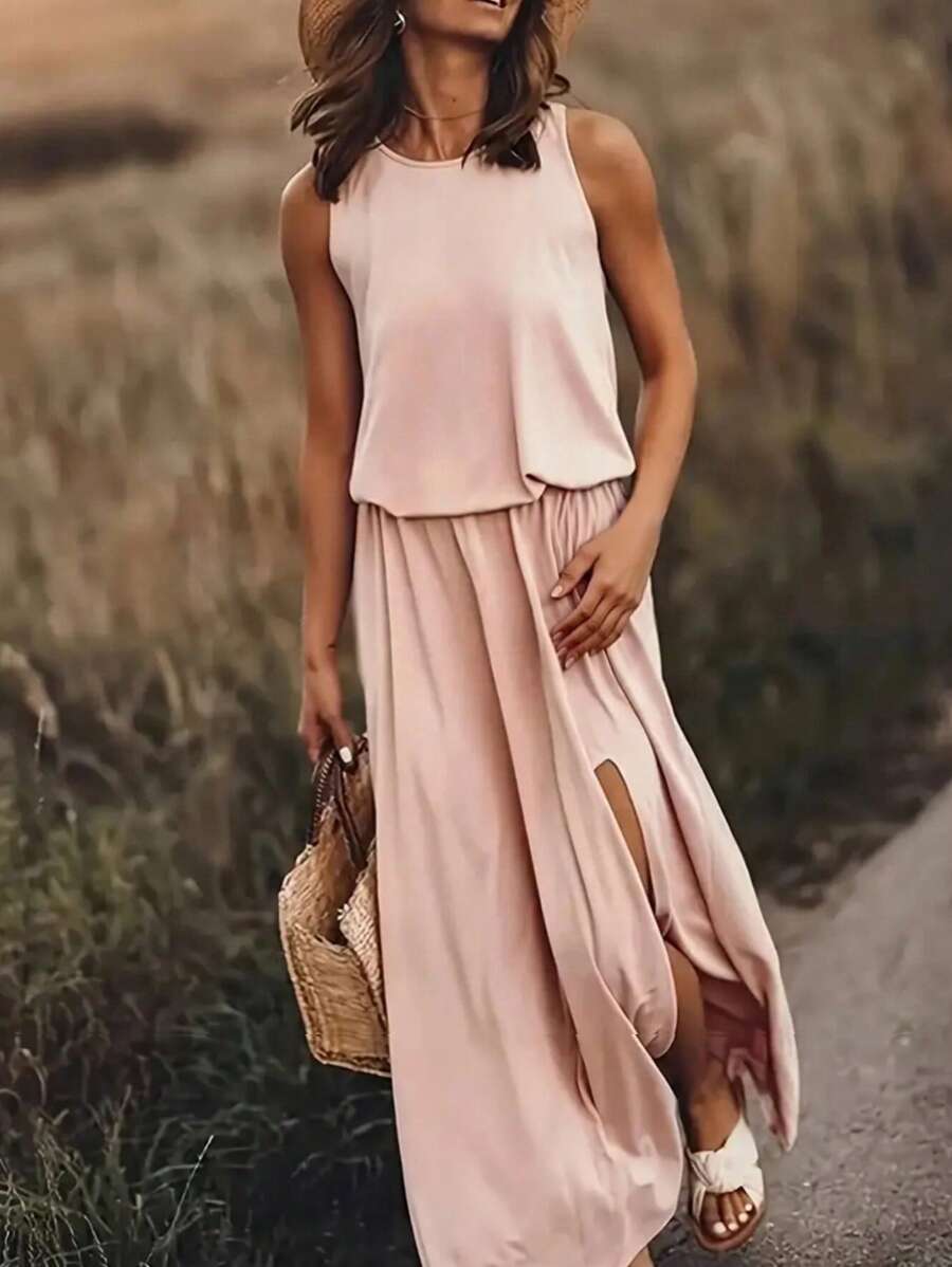 INAWLY 女士纯色圆领无袖休闲连衣裙 - 藕粉色 - 查看 1