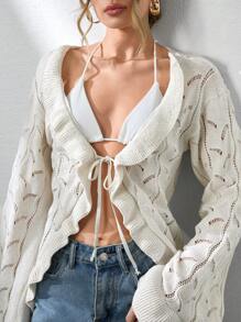 RueChic Women Solid Color Hollow Out Ruffle Detailed Front Tie Cardigan - White - View 2