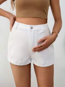 SHEIN Maternity Casual Versatile Denim Cuffed Shorts With Pockets - Blue - View 4