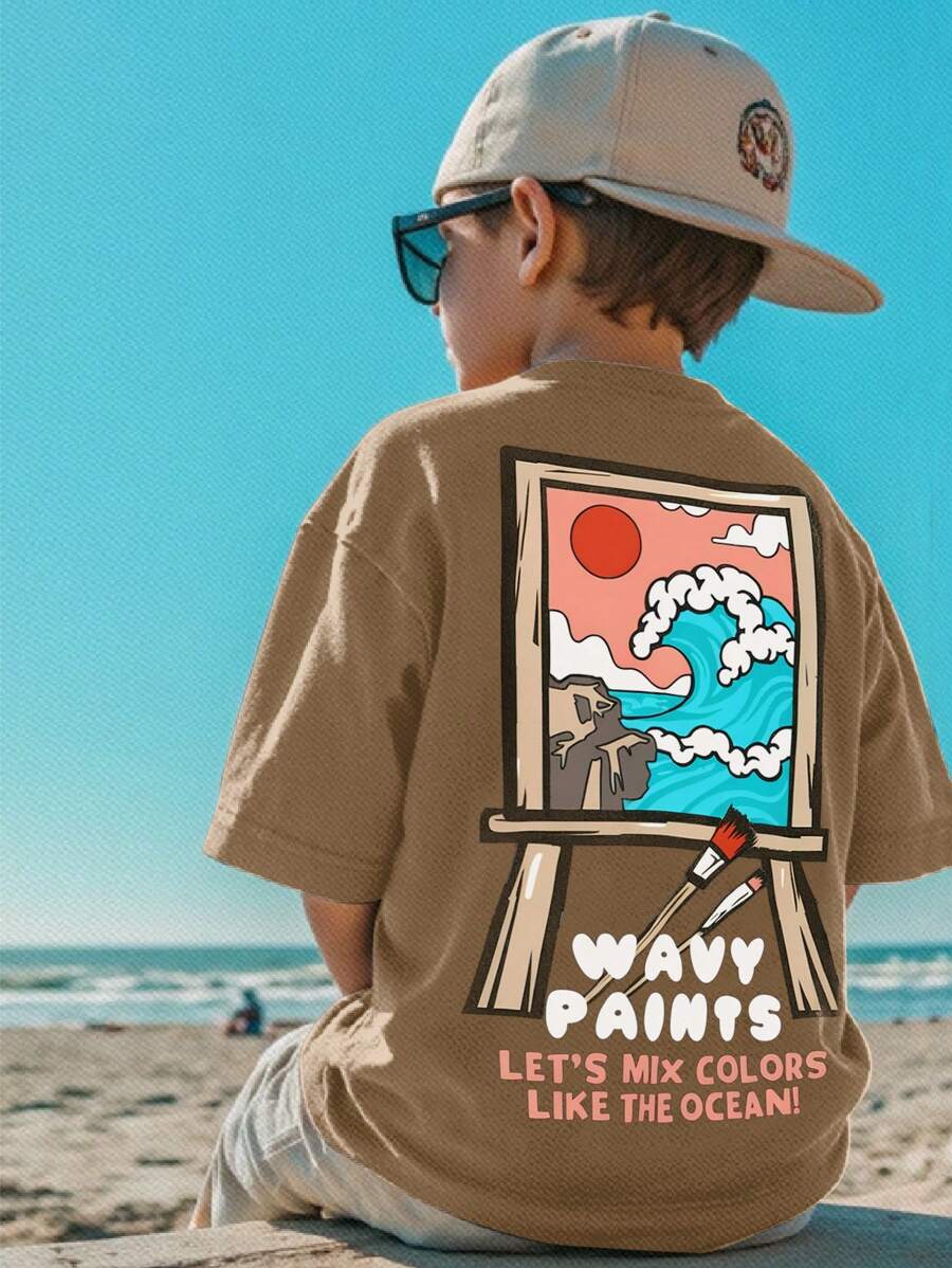SHEIN Tricou casual cu mânecă scurtă și guler rotund cu model de desene animate pentru băieți tineri
