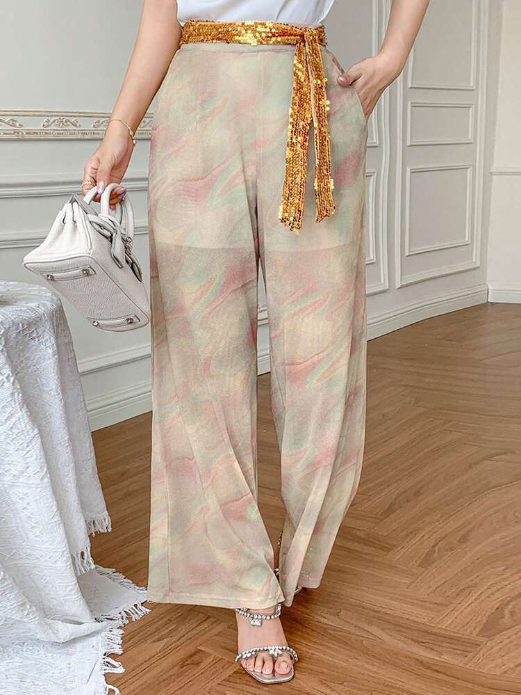 Women Floral Print Palazzo Pants With Pockets, Elegant Ankle-Length Flare Trousers
