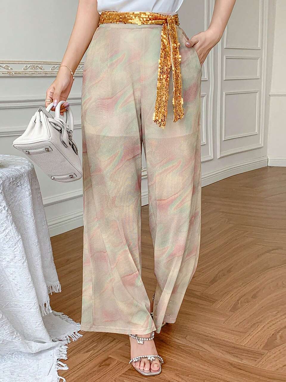 Women Floral Print Palazzo Pants With Pockets, Elegant Ankle-Length Flare Trousers Boho Vacation Outfits Women