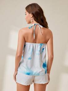 SHEIN Unity Women's Elegant Floral Print Rhinestone Accent Tropical Beach Vacation Style Halter Top - Blue and White - View 2