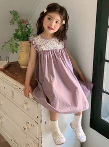 DAZY Young Girls Round Neck Heavy Embroidery Sleeveless Ruffled Loose Party Birthday Formal Dress,Girls Summer Outfits - Mauve Purple - View 3