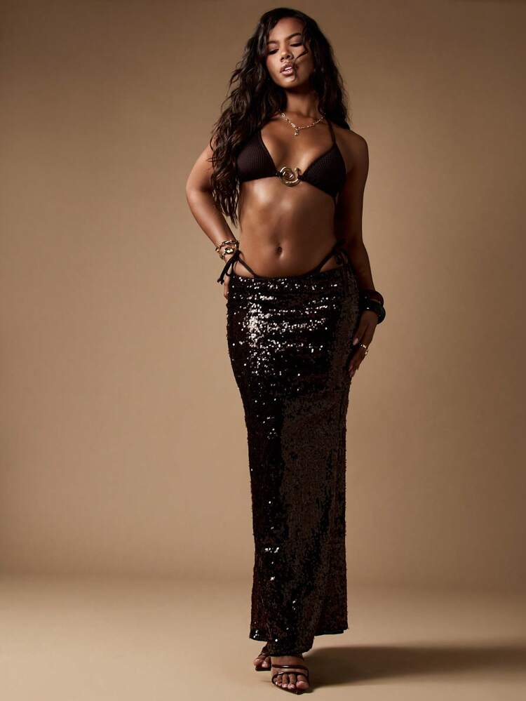 MISSGUIDED Sequin Swimwear Cover Up Maxi Skirt Beach Party Evening Wrap Pool Glitter Resort Wear Festival Sarong Coverup Beachwear