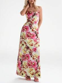 Glamine Elegant Floral Print Satin Dress,Light Green Summer Hollow Back With Tie,Casual Vacation Date Party Daily Wear Fall Women Clothes Back To School - Multicolor - View 8