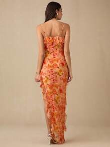 Enchnt Spring/Summer Romantic Women's Sunshine Orange Floral Print Spaghetti Strap High Slit Ruffled Hem Maxi Dress,Sweet&Elegant&Sexy For Vacation&Beach&Date&Holiday&Party&Graduation&Wedding Guest,Prom Dress,Summer Dresses For Women,Sun Dresses For Women,Summer Clothes - Orange - View 7