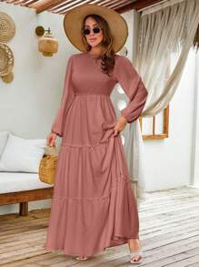 EURMUSE LANTERN LONG SLEEVE LAYERED LONG DRESS - Rusty Rose - View 4