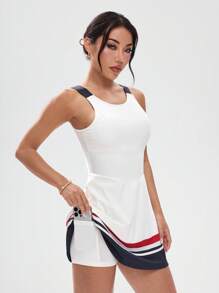 Cheerettes Women's Summer Contrast Stripe Print Backless Waisted Sports Dress