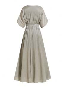 Ellevyn Summer Elegant Women's Shiny Overlapping V-Neck Wrap With Slit Elastic Waist Strap And A-Line Extra Long Exquisite Dress - Green - View 4