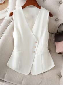 SHEIN Clasi 女式夏季修身优雅短款背心，单排扣无袖上衣西装外套