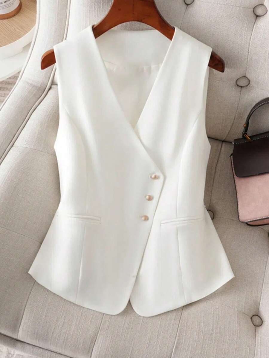SHEIN Clasi 女式夏季修身优雅短款背心，单排扣无袖上衣西装外套