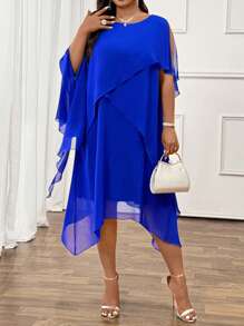 Rometta Elegant Commuting & Party Chiffon Round Neck Short Sleeve Plus Size Midi Dress, Versatile And Comfortable, Suitable For Spring, Summer & Autumn - Royal Blue - View 4