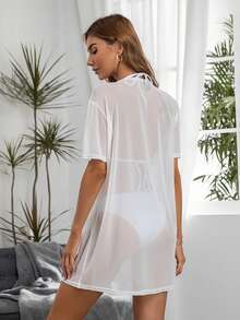 Swim Vcay Summer Beach Solid Sheer Mesh Cover Up Dress - White - View 5