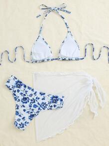 Swim Vcay 夏日沙灘3入組花卉印花頸帶三角比基尼和沙灘裙