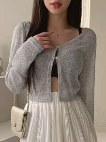 DAZY Women Grey See-Through Long Sleeve Cardigan Blouse - Grey - View 1