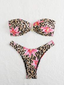 Leopard Floral Print Tankini Swimsuit, Holiday Beach Wear For Summer Beach Vacation - Multicolor - View 5