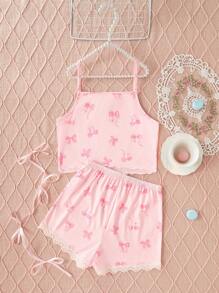 2 piezas Conjunto de pijama de camiseta y pantalones cortos con aplicación de encaje de mariposa para chicas adolescentes, elegante y cómodo, color rosa - Rosa - Ver 2