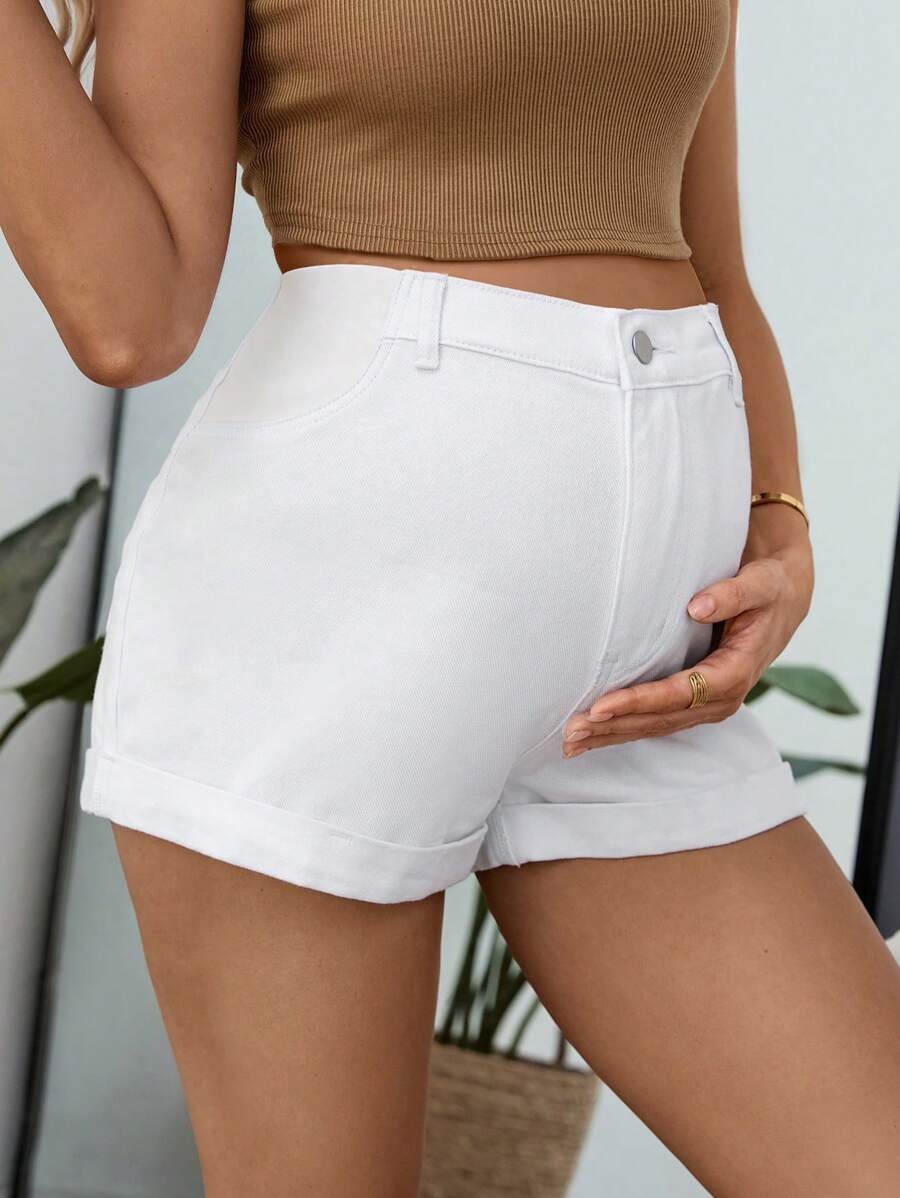 SHEIN Maternity Casual Versatile Denim Cuffed Shorts With Pockets - Blue - View 1