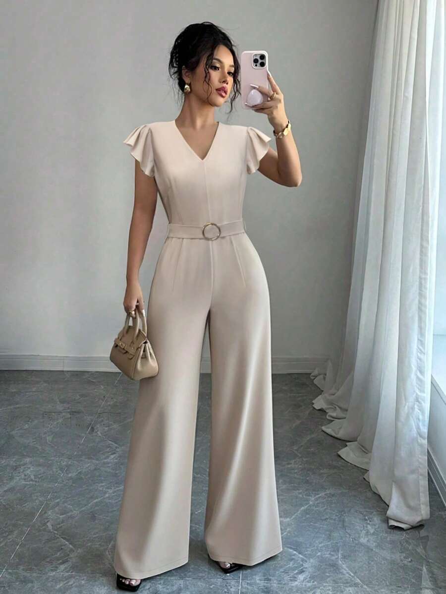 SHEIN Clasi Women's Fashionable Elegant V-Neck Ruffle Hem Minimalist Short Sleeve Waist Tie Wide Leg Jumpsuit, Solid Color, Spring/Summer