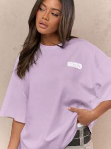 MISSGUIDED Oversized Short Sleeve Logo Tshirt Premium Summer Casual Workout Fitness Activewear For Fall Spring Winter Streetwear Festival - Lilac Purple - View 3