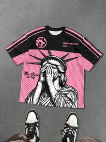 PAVTROS 男式字母与自由女神像图案圆领短袖休闲 T 恤