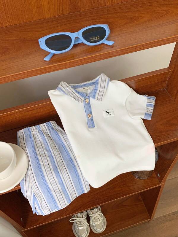 SHEIN 2pcs/Set Baby Boys Adorable Summer Knitted Color Block Polo Shirt And Elastic Waist Shorts Set, Suitable For Birthday Party, Evening Party, Performance, Wedding, Baby Shower, Christening And 1st Birthday Celebration