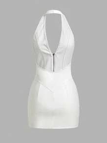 SHEIN ICON Deep V-Neck Front & Back Zipper Bodycon Mini PU Dress White Dresses For Women