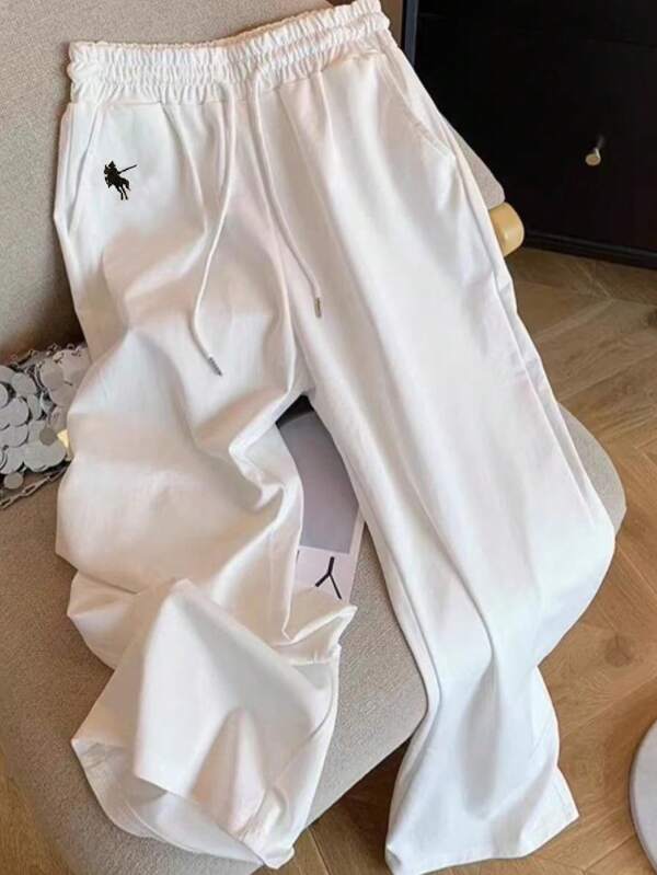 New Casual Pony Embroidery Lazy Versatile Solid Color Straight-Leg Pants, Plus Size Women Long Trousers