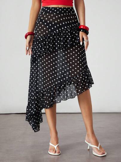 ROMWE Avant Jupe mi-longue transparente pour femmes avec volants asymétriques à pois, style vintage sicilien du millénaire
