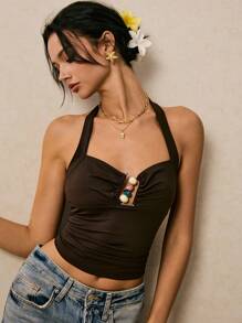 Poéselle Top corto marrón con cuello de halter y cuentas, ropa de calle de estilo boho, ideal para vacaciones de verano, conciertos de música country y festivales