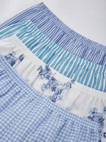CottageSlumber Bộ 4 món/Bộ đồ ngủ sọc hoa cổ bẻ tay ngắn màu xanh nhạt dành cho nữ, họa tiết hoa rực rỡ, ấm áp và thanh lịch - Nhiều màu - Xem 8