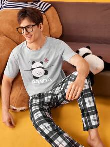 SHEIN Conjunto de ropa de casa para hombres con Top de manga corta con estampado de letras y pantalones de pijama a cuadros