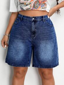 SHEIN ICON Pantaloncini di jeans larghi e morbidi di colore tinta unita, taglie comode, per outfit estivi da donna, adatti per festival, Bermuda casual - Blu lavato scuro - Visualizzare 1