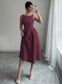 Elenzga Vestido midi con hombros descubiertos, talle ajustado y falda acampanada, elegante para el trabajo, el té de la tarde, fiestas, primavera/verano