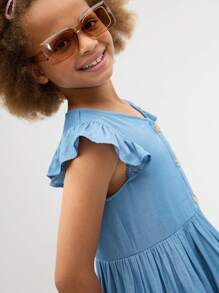 SHEIN 青少年女孩简约V领荷叶边盖袖休闲舒适连衣裙 - 藍色 - 查看 5