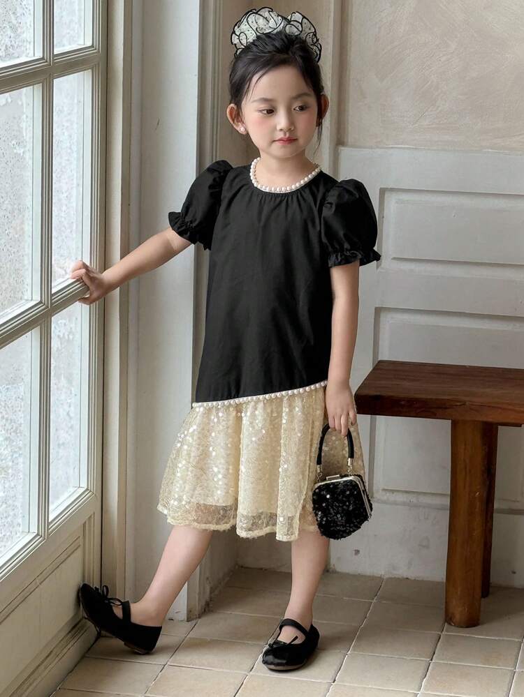 Young Girls Round Neck Patchwork Sequins Mesh Puff Sleeve Midi Party Dress,Girls Summer Outfits