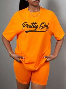 SHEIN Leap Crew 2pcs/Set Girls' Pink Letter Print Loose T-Shirt And Biker Shorts Sports Streetwear Casual Outfit'