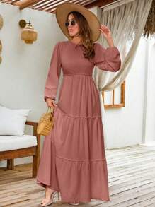 EURMUSE LANTERN LONG SLEEVE LAYERED LONG DRESS - Rusty Rose - View 3