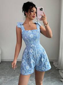 Selianne Bộ đồ liền thân vải có họa tiết không dây hở lưng buộc nơ cho lễ hội âm nhạc dành cho nữ - Màu xanh lam - Xem 1