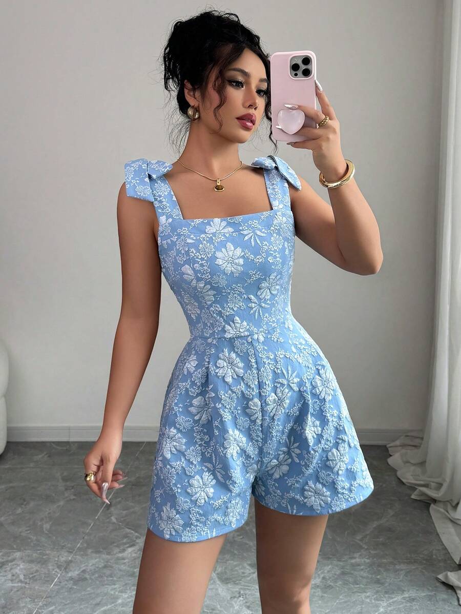 Selianne Bộ đồ liền thân vải có họa tiết không dây hở lưng buộc nơ cho lễ hội âm nhạc dành cho nữ - Màu xanh lam - Xem 1