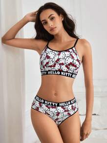 HELLO KITTY AND FRIENDS | SHEIN 女士全身印花撞色字母胶带内衣套装 - 黑色 - 查看 3
