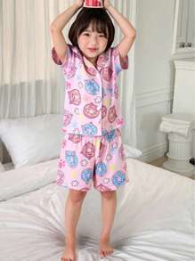 Set de 2 piezas de top de manga corta con estampado de donut y pantalones cortos holgados casuales para niña joven, ropa de estar en casa - Rosa Pálido - Ver 3